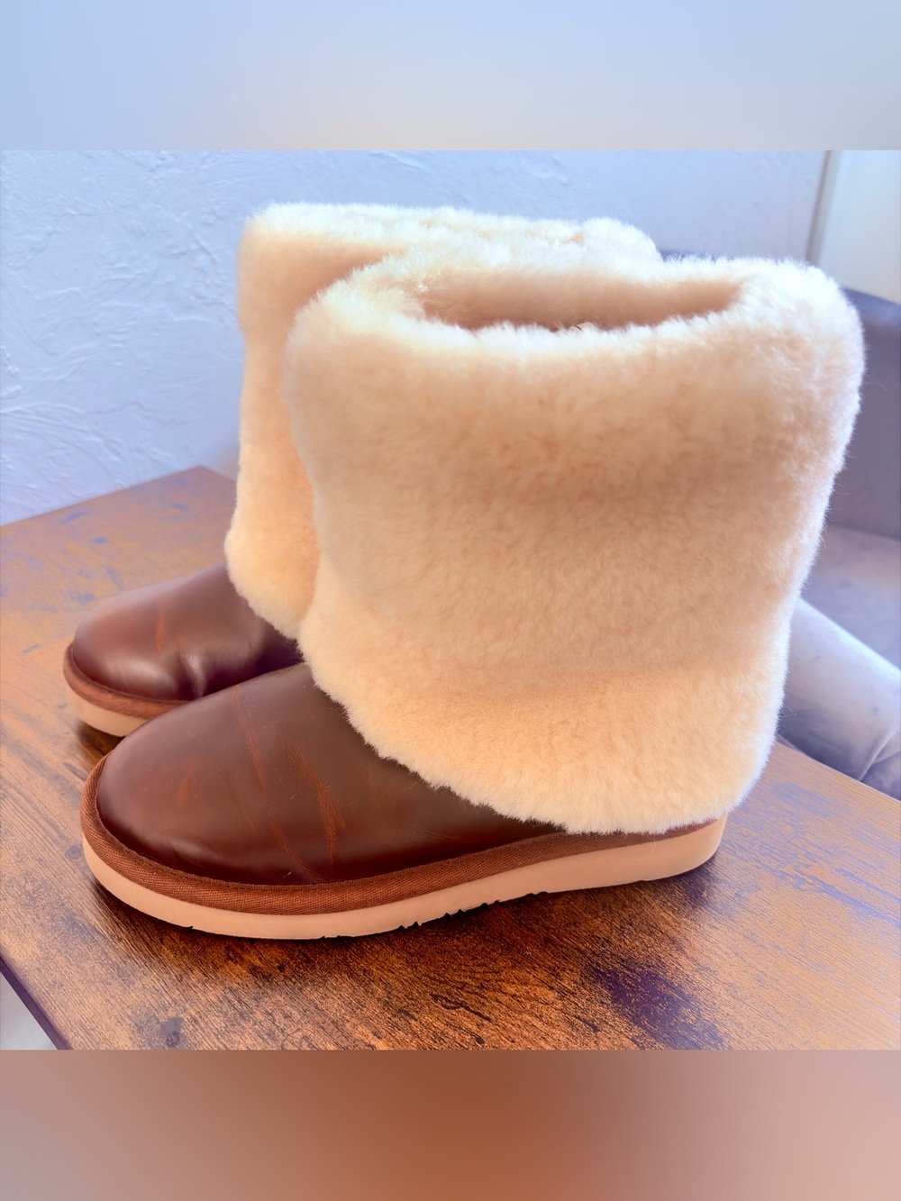 NWT $290 Retail UGG Deadstock Chestnut Leather+Shearling Patten Boots W Sz.5/36
